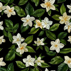 Creamy white plumeria flowers with green leaves on dark background, tropical pattern