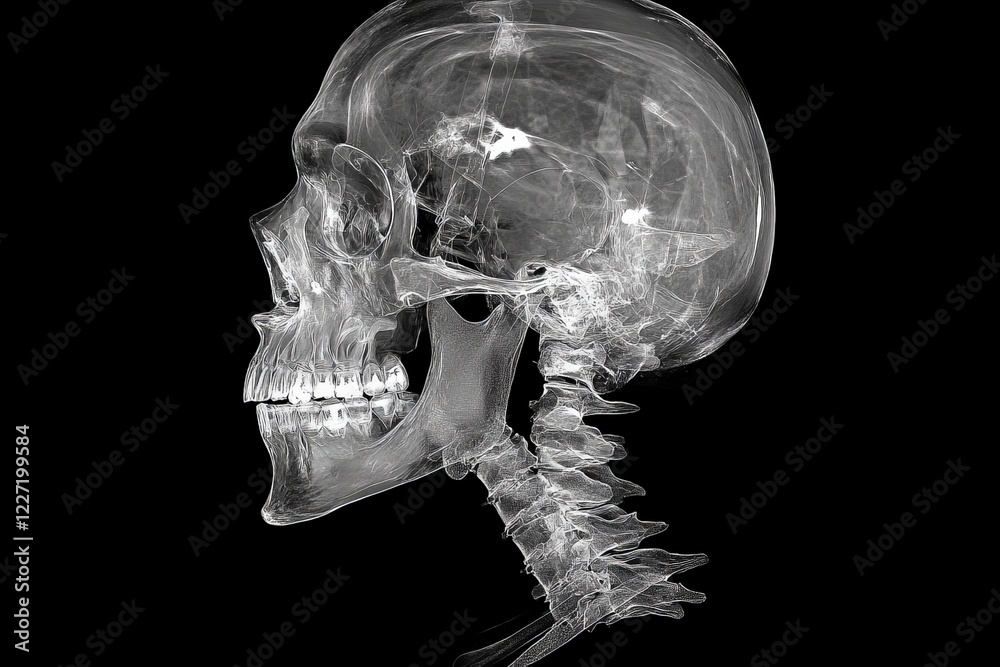 Poster x-ray view of a human skull and spine highlighting anatomical structure and detail in a dark backgro