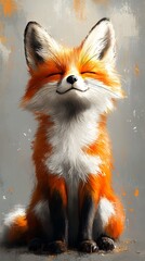 Obraz premium A smiling orange fox with white fur on its chest and black feet sits against a gray background.