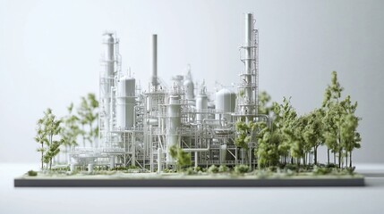 Obraz premium Model refinery amidst green forest; sustainable energy concept