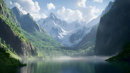 A serene mountain landscape with a lake, surrounded by lush greenery and snow-capped peaks.
