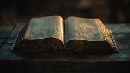 Antique Bible open on wooden table, rustic background, religious study