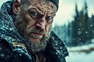 Winter Survival: Bearded Man in Snowy Wilderness 