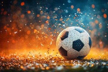 Fototapeta premium Exciting moment captured with a soccer ball in dynamic action amidst colorful sparks