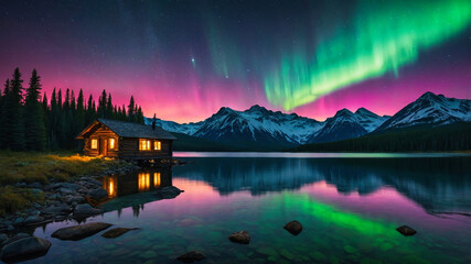 Fototapeta premium A serene mountain lake reflecting the aurora borealis, with a small wooden cabin on its shore