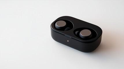 Fototapeta premium Black earbuds charging case, white background, minimalist studio shot, tech product