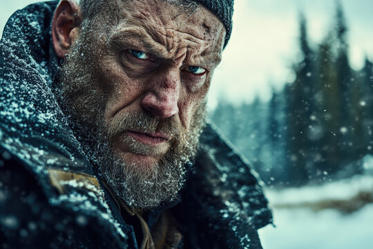Winter Survival: Bearded Man in Snowy Wilderness