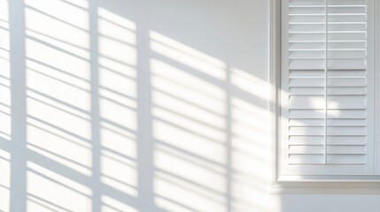 Sunlight shadow stripes on wall, window shutters, interior design