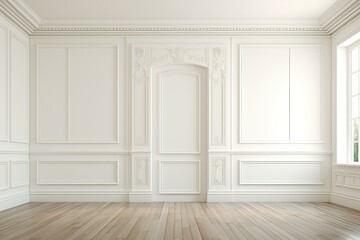 Classic style interior design featuring white ornate wall panels, wooden floor and large window, creating a bright and elegant space