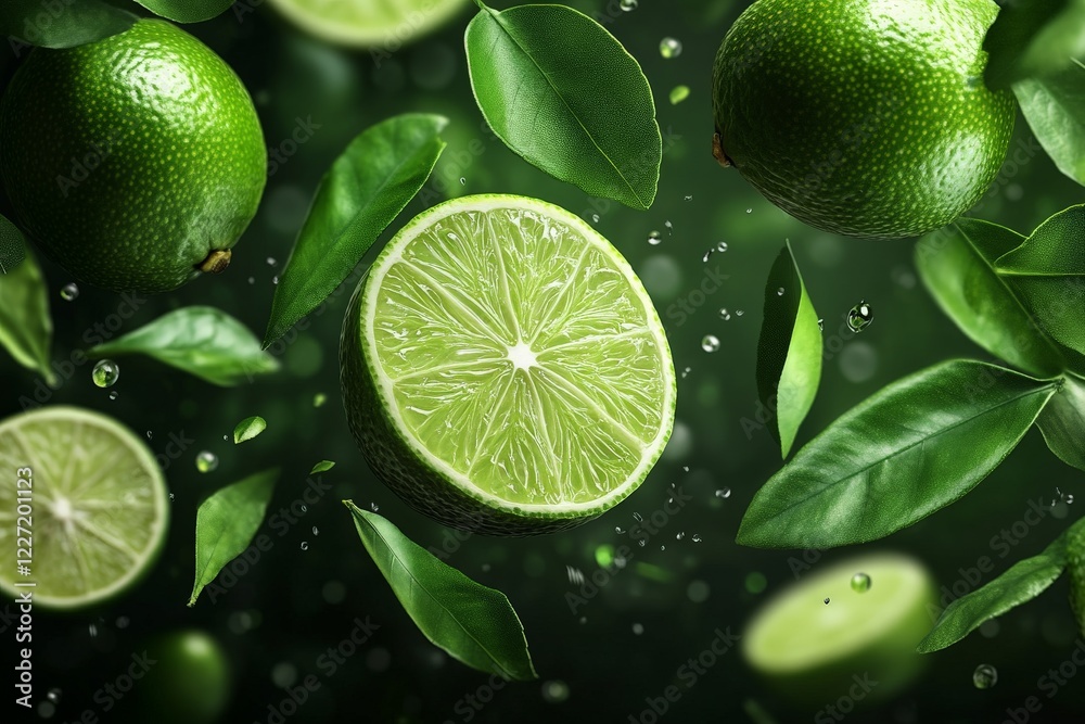 Poster fresh limes and green leaves floating in water create a vibrant, refreshing atmosphere for food prep