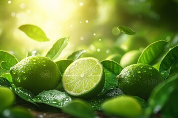 Freshly cut limes among vibrant green leaves illuminated by sunlight in a serene, natural setting