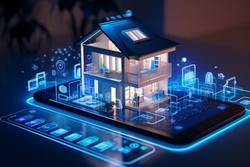 A futuristic smart home concept with holographic controls emerging from a smartphone, showcasing IoT automation and digital connectivity.