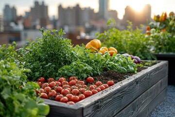 Urban rooftop garden harvesting fresh vegetables cityscape nature
