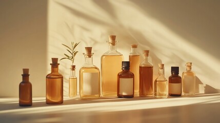 Sunlight illuminates amber essential oil bottles, rosemary sprig, minimalist setting, spa product display