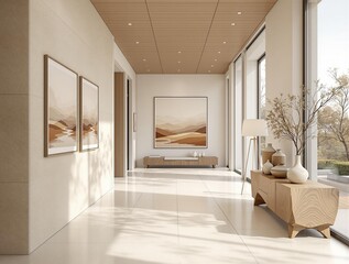 Modern minimalist hallway with natural light, neutral tones, and elegant decor featuring framed landscape paintings, wooden furniture, and large windows showcasing an outdoor view.  
