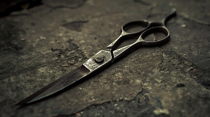 Obraz premium A close-up of a pair of silver scissors lying on a rustic wooden table. The scissors are old and well-used, with a patina of age on the metal.