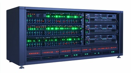 Server rack data center operating, lights flashing, technology background, IT infrastructure