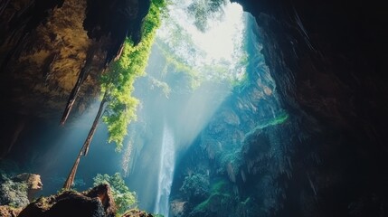 Sunlight streams into a hidden cave waterfall paradise with lush green trees