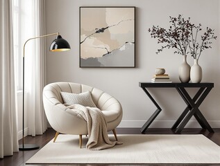 stylish reading nook features a plush cream-colored armchair with a soft throw blanket, a black geometric side table with decorative vases, an abstract framed artwork, and a sleek floor lamp