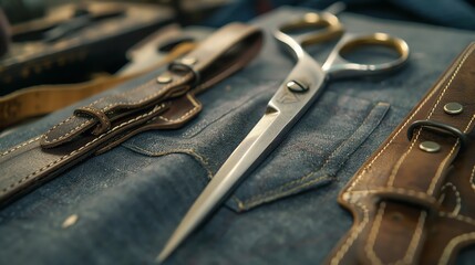 A close-up of a pair of silver scissors on a blue cloth. The scissors are made of metal with a sharp blade.