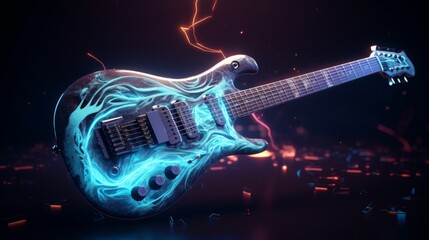 Electric guitar featuring vibrant blue and white energy design with glowing effects in a dark...