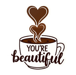 A steaming cup of coffee with heart-shaped steam rising, created as a cute and cozy sticker. Add the text 
