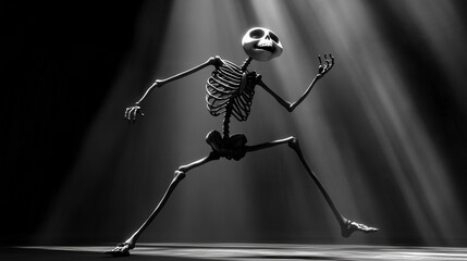 Dynamic skeleton in a dramatic pose under spotlight, showcasing anatomy, artistic expression, and the concept of life and mortality in a theatrical scene