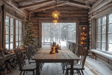 Obraz premium Rustic winter dining area with wooden table and Christmas decorations in a snowy forest setting