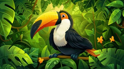A colorful toucan with a large yellow beak is perched on a branch amidst lush green foliage in a vibrant jungle setting. The detailed illustration highlights the bird's striking features and the dense