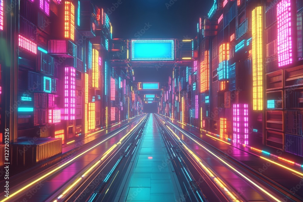 Poster Vibrant corridor of neon lights and digital structures in a futuristic setting
