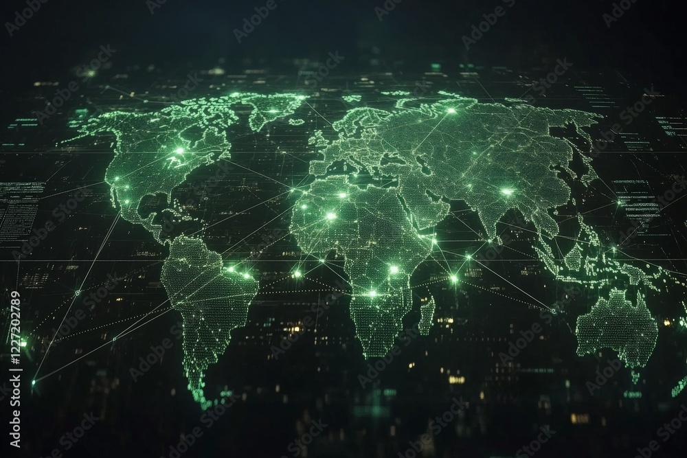 Aufkleber Digital representation of a global network connecting various regions with green illuminated nodes