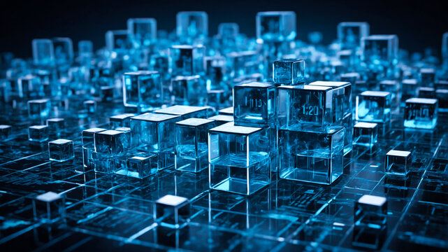 A series of floating, three-dimensional transparent glass cubes arranged in a dynamic layout, each covered with binary code
