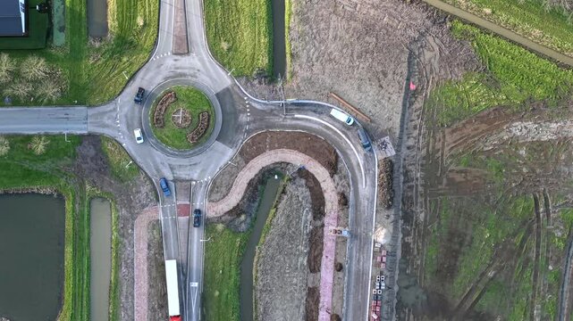 Topdown of traffic circle, road roundabout under construction