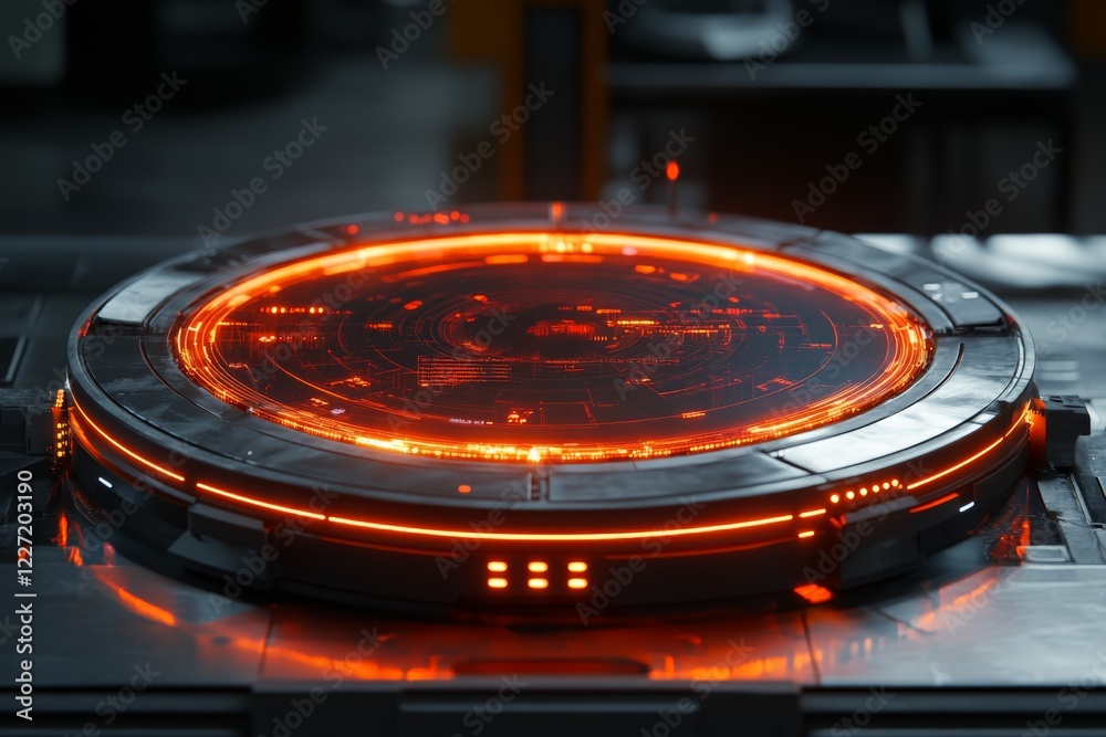 Aufkleber futuristic circular interface glowing with orange lights in a high-tech environment
