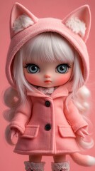 A close-up photograph of a doll wearing a pink cat costume.