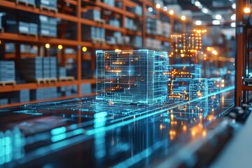 Warehouse environment showcasing digital logistics technology and automated systems for enhanced supply chain management