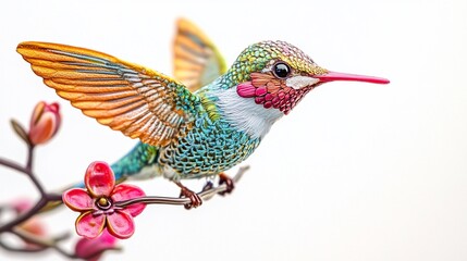 Vibrant hummingbird perched on blossom branch, studio shot, white background, nature design