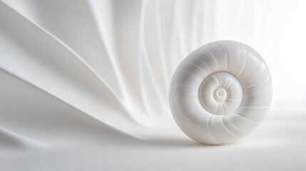 Obraz premium White spiral shell on fabric backdrop, studio shot, minimalist design, website header