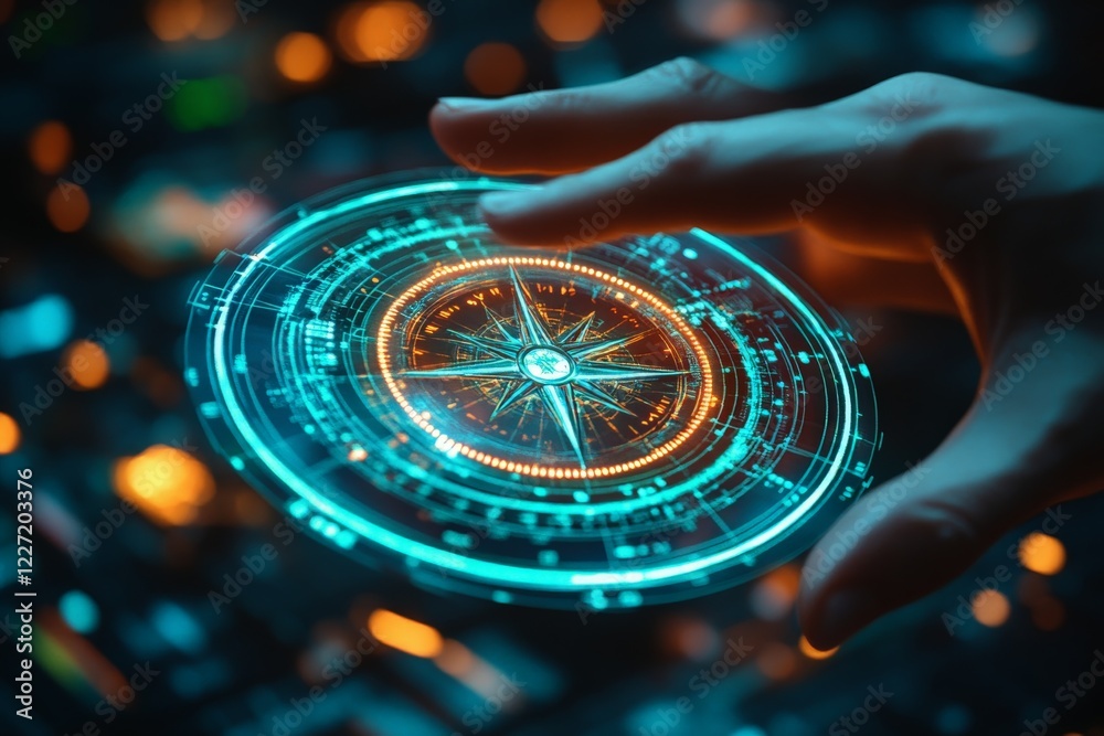 Leinwandbilder High-tech holographic compass display illuminated in a dark environment with a hand reaching towards it