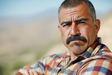 Fototapeta premium Serious Man with Mustache in Plaid Shirt Outdoors. A portrait of a serious-looking man with a mustache wearing a plaid shirt, set against an outdoor backdrop.