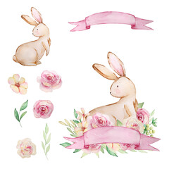 Watercolor Easter Rabbit with ribbon banner and spring flowers