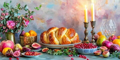 Shabbat Table Arrangement Showcasing Golden-Brown Challah and Colorful Fruits