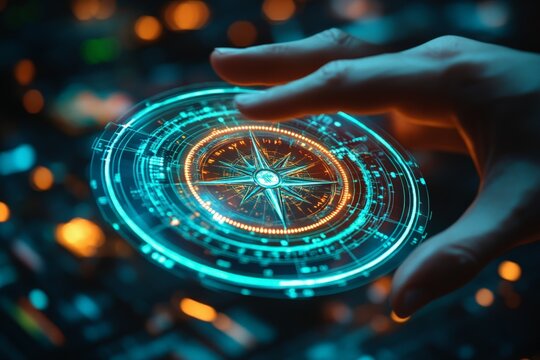 High-tech holographic compass display illuminated in a dark environment with a hand reaching towards it - Powered by Adobe