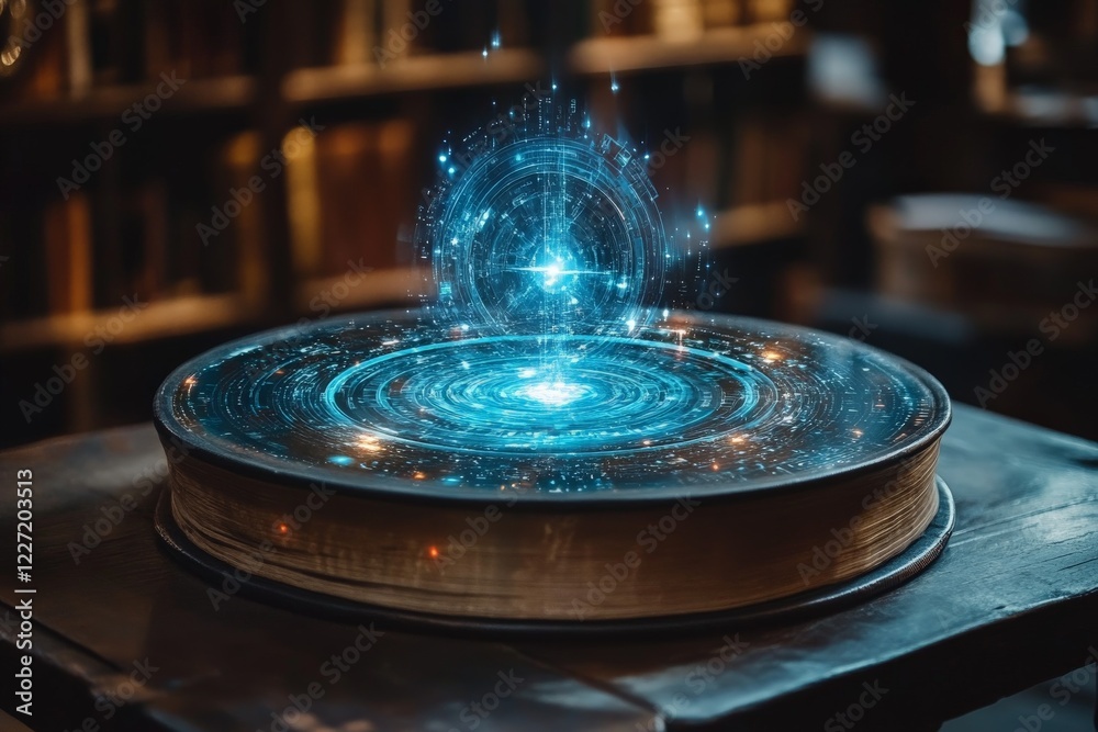 Poster book on a table reveals a glowing holographic galaxy floating above in a dimly lit library