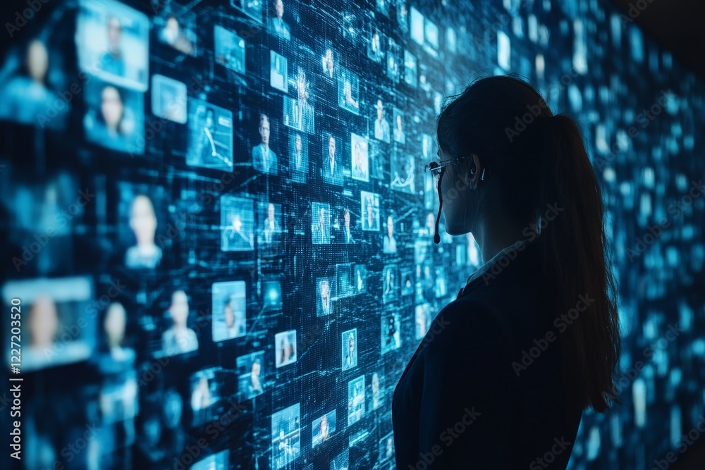 Poster woman analyzes digital data displayed on a high-tech screen in a modern office setting during the da