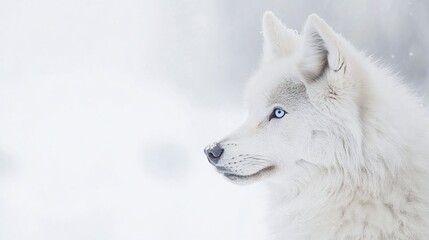 Fototapeta premium Arctic wolf profile, snowy landscape, winter, serene gaze, wildlife calendar