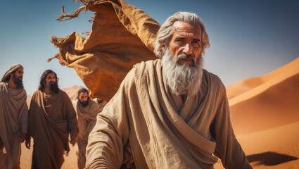 An aged, weathered prophet, with a determined expression, striding through the arid desert alongside his devoted disciples. A powerful scene capturing the essence of faith, guidance, and strength.