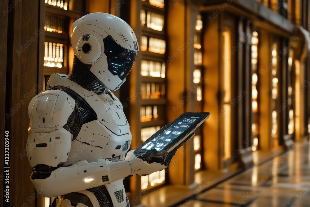 Poster Advanced humanoid robot interacts with a touchscreen device in a modern library setting