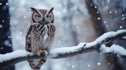 The majestic owl sits still on a snow-dusted branch, its feathers blending with the wintery surroundings, portraying the calm and cold beauty of wildlife in the wild.