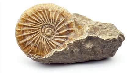 Ammonite fossil in rock, studio shot, white background, paleontology